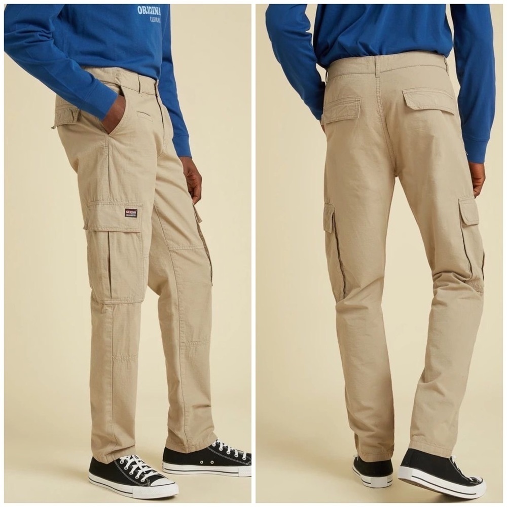 New GUESS ORIGINALS RIPSTOP CARGO KIT TROUSERS BEIGE SZ 36